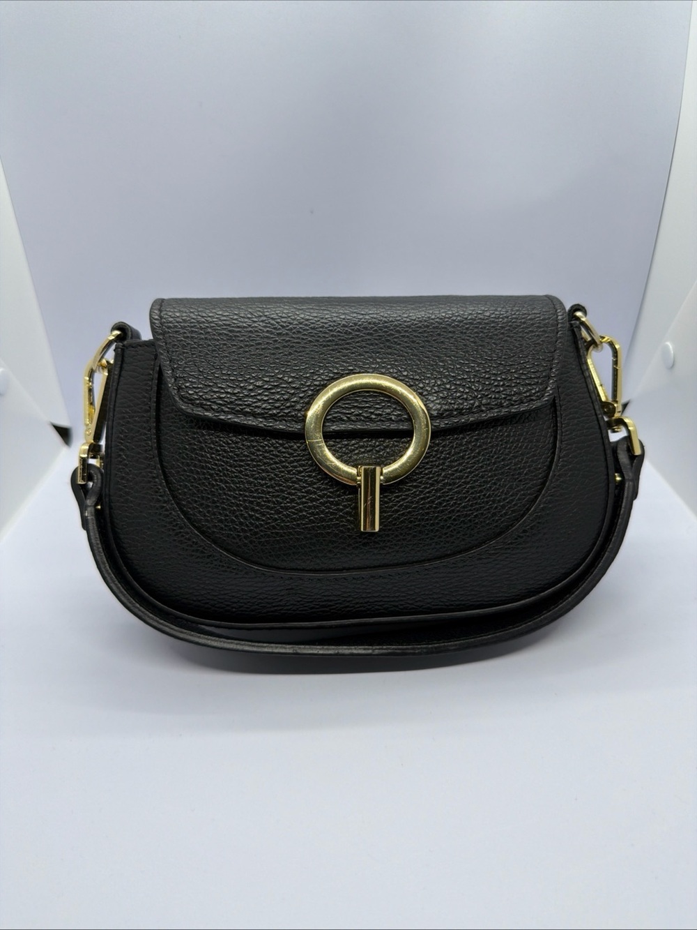 Black Pebbled Crossbody with Gold Ring Accent